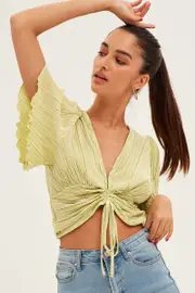 Green Crop Top Short Sleeve Plisse Ruched Front - Size 14, Women's Crop Top