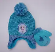 Disney FROZEN QUEEN ELSA Pom-Pom TRAPPER HAT Beanie MITTENS Gloves Winter SET