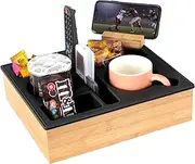 Couch Cup Holder Tray, Hitseon Silicone Bamboo Couch Caddy with Rotatable Phone Holder for Bed Car Seat Organizer, Waterproof Anti-Spill Couch Drink Holder for Snacks Beverage Remote (Black)