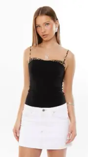 Supre Black Corset Size 14 Brittney Corset Leopard Trim Spaghetti Straps