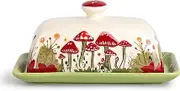 Fungi Fun Mushroom Butter Dish with Lid for Countertop Ceramic Butterdish, Red Mushroom Butter Container, Butter Tray Large Butter Dish Covered