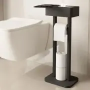 Toilet Paper Holder Stand Free Standing Shelf 4-in-1 Black With Storage Box 360°