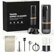 Domary Portable Espresso Machine 9 Bar Pressure Rechargeable 2 in 1 Small Travel Coffee Maker Compatible with Capsules Ground Coffee Perfect for Travel Camping Hiking Office Kitchen Black