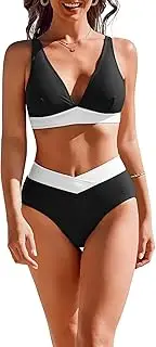 [AI'MAGE] High Waisted Bikini Set for Women Tummy Control Women's Two Piece Bathing Suit V Neck Sexy Color Block Swimsuit 2025