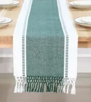 Dobby Stripe Woven Table Runner with 14 X 72 Inch Forest Green and White