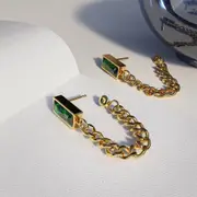 Green Zirconia Dangly Stud Earrings - 35mm