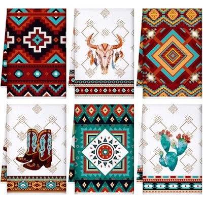 Set of 6 Southwestern Kitchen Towels Boho Aztec Theme Dishtowel Native Western