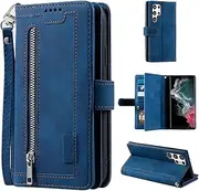[UEEBAI] Wallet Case for Samsung Galaxy S22 Ultra 5G, Retro 9 Card Holder Slots Zipper Pocket Handbag Case PU Leather Magnetic Closure Kickstand with Wrist Strap TPU Shockproof Flip Case - Blue