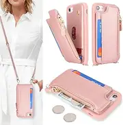 Cavor for iPhone SE 2020/ SE 2022 Phone Case Vertical Flip Cover for iPhone 7/ iPhone 8 Crossbody Leather Wallet Credit Card Slots Kickstand Zipper Shoulder Strap for Women-Long Laryard Rose