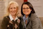 Actress Angela Kinsey poses with host Megan Mullally on October 27- Old Photo