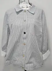 Chico’s Blue & White Striped Indigo Snap Front Jacket Roll Tab Sleeves, SZ 3 NWT