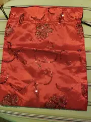 Printed Red Satin Sequined Drawstring Travel Shoe Bag 14 X 11" NEW