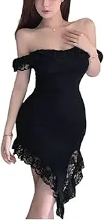 [Generic] Women's Ruffle Contrast Lace Asymmetrical Bodycon Mini Dress