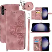 Dswteny Wallet Case for Samsung Galaxy S24 Plus S24+ 5G with Wrist Strap Crossbody Shoulder Strap, Embossed PU Leather Flip Credit Slim Cell Phone Cover for S24plus 24S + S 24 24+ Women Girls Pink