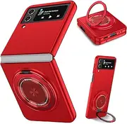 [Asuwish] Phone Case for Samsung Galaxy Z Flip 4 5G 2022 Cover and Magnetic Ring Holder Stand Slim Hard Hybrid Rugged Cell Accessories Protective ZFlip4 Z4 Flip4 4Z Wireless Charger Women Men Red