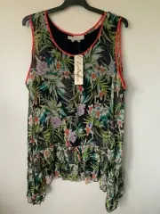 AUTOGRAPH LINED CHIFFON SCOOP NECK GREEN TROPICAL FLORAL PRINT TANK TOP SIZE 26