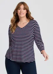 [Taking Shape] Taking Shape Natural Stripe 3 / 4 Sleeve T-shirt Size 16 in Dark Indigo / Rose, Viscose - Plus Size Women's Basics Dark Indigo / Rose