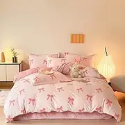Mengersi Velvet Duvet Cover Set,Bow Pattern Comforter Cover Fluffy Bedding Sets with Zipper Closure (No Comforter) (Pink, Queen)