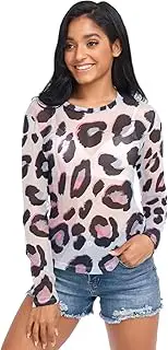 [RPLIFE] Leopard Print Pink White Mesh Top Long Sleeve, Mesh Tops for Women Sexy S-XXL