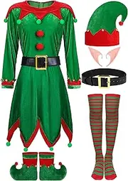 SOMSOC 6 Pack Women Christmas Elf Costume Set Velvet Dress Santa's Helper Costume Xmas Outfit Elf Hat Shoes Ears Belt Socks