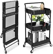 johgee Foldable 3 Tier Metal Utility Rolling Cart, Folding Mobile Multi-Function Storage Trolley Organizer Cart for Home Library Office(Black)