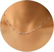 [DIBOLA] Dainty Pearl Necklaces for Women 14K Gold/Silver Plated Cute Single Pearl Necklace Elegant Small Tiny Pearl Choker Thin Chain Necklace Simple White Pearl Drop Y Long Necklace Freshwater Pearled