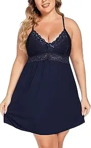 [Ababoon] Plus Size Lingerie for Women Lace Modal Chemises Nightgown V-Neck Full Slip Babydoll Sleepwear Size 16-24 Plus