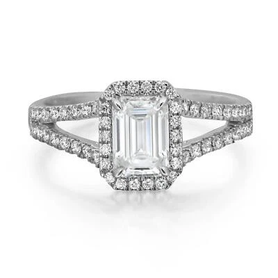 Emerald & Round Cut Lab Grown Diamond Engagement Ring 14K White Gold 1.35Cttw