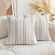 [AELS] 18x18 Decorative Farmhouse Linen Throw Pillow Covers, Boho Textured Pillow Case, Set of 2,Beige with White & Navy Blue Stitch Yarn Dyed Stripe Cushion Cover for Sofa Couch Living Room(Cover ONLY)