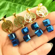 8Pcs Faceted Blue Crystal Square Tibetan Gold Tree Of Life Pendant Bead SSG194
