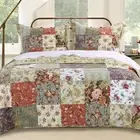 BEAUTIFUL XXL VINTAGE GREEN BLUE PINK ROSE IVORY PATCHWORK BEDSPREAD QUILT SET
