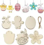 Viiotu 12pcs Easter Wooden Crafts for Kids,Easter Decorations with Easter Egg Chick Flower Bunny Sticker for DIY Home Hanging Easter Crafts