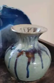 Drip glaze studio pottery vase blue tones signed