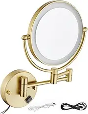 8 Inch Double Sided 1X/3X Magnifying Wall Mounted Lighted Makeup Vanity Mirror,Wall Mounted 360° Swivel Extendable Bathroom Vanity Mirror LED Shaving Mirror.,Hardwire,Brushed Gold