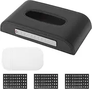 X AUTOHAUX Car Tissue Holder with Anti-Slip Mat Car Tissue Box Organizer with Number Plate PU 9.25"x5.12"x1.77" Black 1 Pc