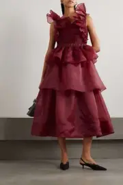 BNWT AJE BURGUNDY ASRA PLEATED FRILL MIDI DRESS - SIZE 8 AU/4 US (RRP $725)