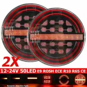 2X 12V-24V 50 LED Dynamic Slim Round Tail Lights Rear Brake Lamp Trailer Truck
