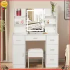 White Vanity Dressing Table Set with Stool Makeup LED Mirror Jewellery Organizer