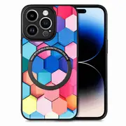 CaseNeo For Apple iPhone 15 Leather Cover Magsafe Magnetic Back Case Support Wireless Charging (Colored Squares)