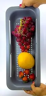 Extendable Over The Sink Kitchen Colander - Versatile Expandable Strainer Basket to Wash Vegetables, Fruits, Strain Pasta, Collapsible Design - Grey