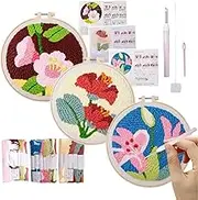 Punch Needle Embroidery Kit - Punch Needle Fabric with Floral Pattern - 3X Fabric Sewing Set Instruction Included for Adults, Beginner Kids Adults