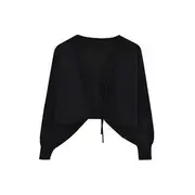 Plain Lace-Up Cropped Cardigan / Spaghetti Strap Floral Mini A-Line Dress / Set Cardigan - Black - M