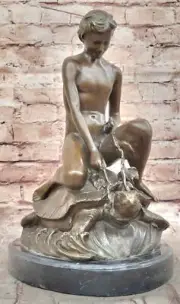 BRONZE OF NUDE BOY SITTING ON TURTLE HOME OFFICE CABIN DECORATION FIGURINE SALE