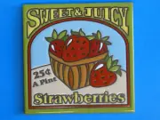 Ceramic Art Tile 6"x6" Cute Basket Of Sweet Juicy Straberries Trivet NEW O32