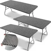 3 Pcs Tablecloth for Folding Fitted Rectangular Table Cloth 30 x 72 Inch Vinyl Waterproof Plastic Table Cover Flannel Backed with Elastic Rim for Indoor Outdoor Picnic Party (Black and White)