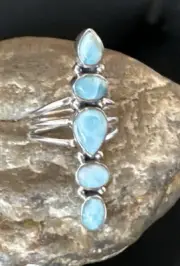 WoMens Cluster Blue Larimar Navajo Sterling Silver Ring Size 8 16157