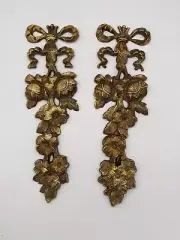 Pair Of Brass Flower And Bow Wall Hangings Vintage Grand Millennial Floral