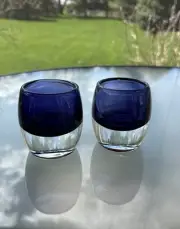 2 New Crate & Barrel Diva Candle Holders Glass Votive Sapphire 497-398 Poland