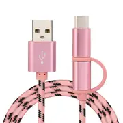 3 Pcs 2 in1 Micro Type-C Fast Charging Nylon Weave Data Cable With Packaging Tiger Pattern PINK COLOUR
