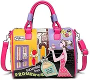 [Generic] Decorative Fashion Handbag，Creative Boston Bag Cartoon Embroidery Splicing Single Shoulder Handbag Crossbody Bag Pillow Bag，Colourful Patchwork Design with Floral Appliques